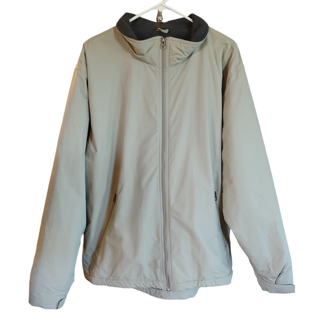 Lands End Jacket Khaki Polar Tec Fleece Lined Mens Size Large Zipped Pockets SEE